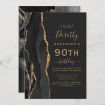 Invitation Black Gold Agate Dark 90th Birthday Party<br><div class="desc">Le bord gauche de cette élégante invitation à la fête d'anniversaire moderne comporte une bordure en aquarelle noire ornée d'une parties scintillant en faux or. Le texte personnalisable combine écriture manuscrite dorée, cuivre et polices italiques sur un arrière - plan noir ardoise. L'envers est assorti d'un design d'agate noir et...</div>