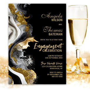 Invitation Black Gold Agate Marble Partie d'engagement
