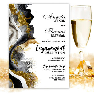 Invitation Black Gold Agate Marble Partie d'engagement