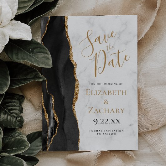 Invitation Black Gold Agate Marble Save the Date Card