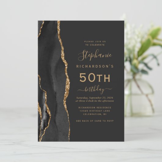 Invitation Black Gold Agate QR Code 50e anniversaire (Debout devant)