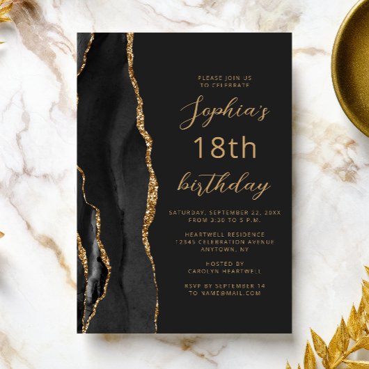 Invitation Black Gold Agate Script Dark 18th Birthday