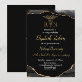 Invitation Black & Gold Agate Soins infirmiers fête de gradua (Devant / Derrière)