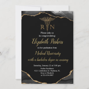 Invitation Black & Gold Agate Soins infirmiers fête de gradua