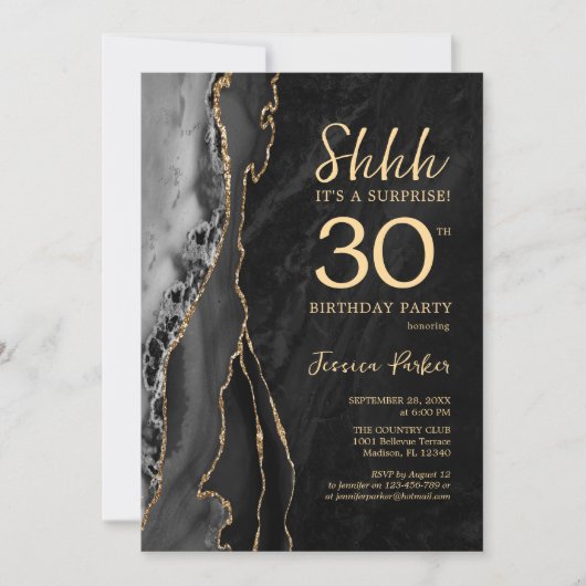 Invitation Black Gold Agate Surprise 30e anniversaire (Devant)