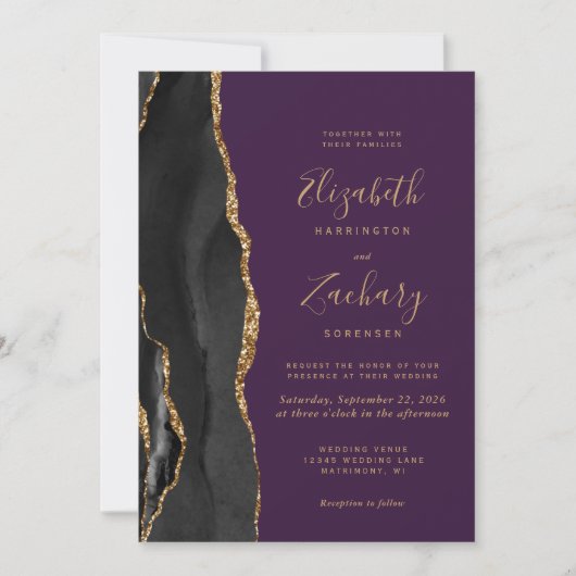 Invitation Black Gold Agate violet photo QR Code Mariage (Devant)