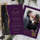 Invitation Black Gold Agate violet photo QR Code Mariage