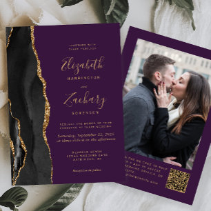Invitation Black Gold Agate violet photo QR Code Mariage