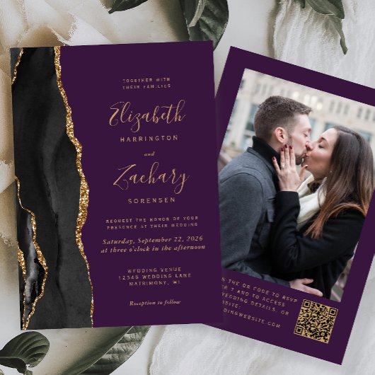 Invitation Black Gold Agate violet photo QR Code Mariage