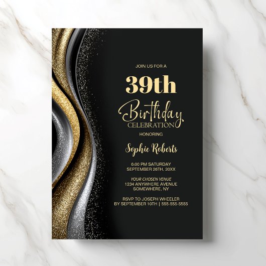 Invitation Black Gold Any Age Birthday Party