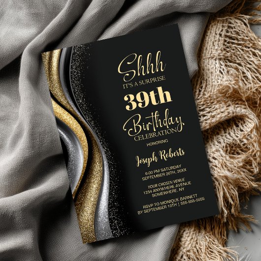 Invitation Black Gold Any Age Surprise Birthday Party