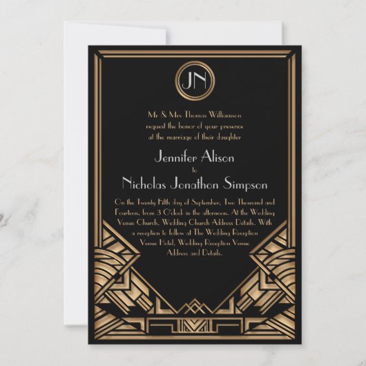 Invitation Black Gold Art Déco Gatsby Style Wedding Invite (Devant)