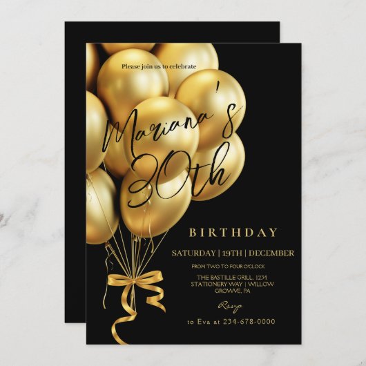Invitation  Black & Gold Balloon bow Birthday Party (Devant / Derrière)
