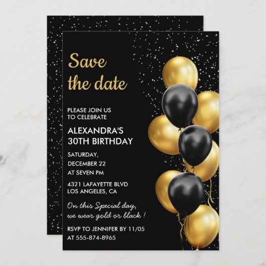 Invitation Black Gold Balloon Elegant 30e Enregistrer la date (Devant / Derrière)