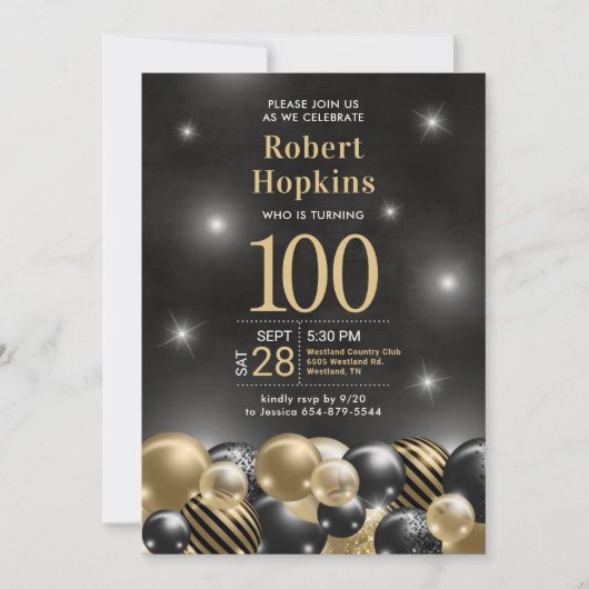 Invitation Black Gold Balloons 100e fête d'anniversaire (Devant)