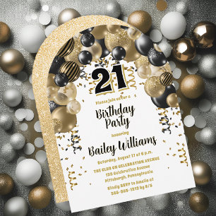Invitation Black Gold Balloons 21e fête d'anniversaire