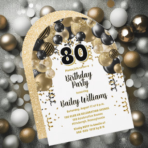 Invitation Black Gold Balloons 80e fête d'anniversaire