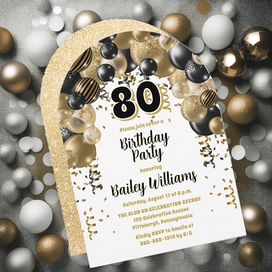 Invitation Black Gold Balloons 80e fête d'anniversaire