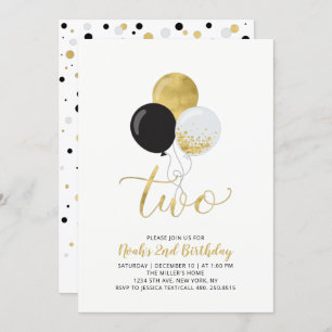 Invitation Black & Gold Balloons Boy 2e fête d'anniversaire