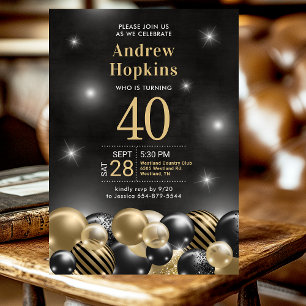 Invitation Black Gold Balloons Photo 40th Birthday Party