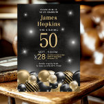 Invitation Black Gold Balloons Photo 50th Birthday Party<br><div class="desc">Il est la vedette de la nuit ! ! ! Cette fabuleuse invitation de 50e anniversaire masculin avec un bord inférieur de ballons noirs et or, le numéro 50 en or, et la photo de l'invité d'honneur est parfait pour célébrer l'homme dans votre vie de 50e anniversaire. Traditionnel et classique,...</div>