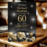 Invitation Black Gold Balloons Photo 60th Birthday Party<br><div class="desc">Il est la vedette de la nuit ! ! ! Cette fabuleuse invitation de 60e anniversaire masculin avec un bord inférieur de ballons noirs et or, le numéro 60 en or, et la photo de l'invité d'honneur est parfait pour célébrer l'homme dans votre vie 60e anniversaire. Traditionnel et classique, il...</div>