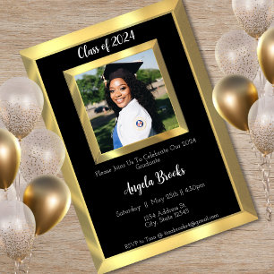 Invitation Black & Gold Beveled Photo Graduation Party