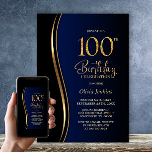 Invitation Black Gold Blue 100e fête d'anniversaire
