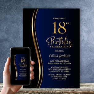 Invitation Black Gold Blue 18e fête d'anniversaire