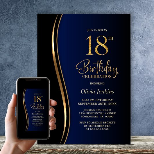 Invitation Black Gold Blue 18e fête d'anniversaire