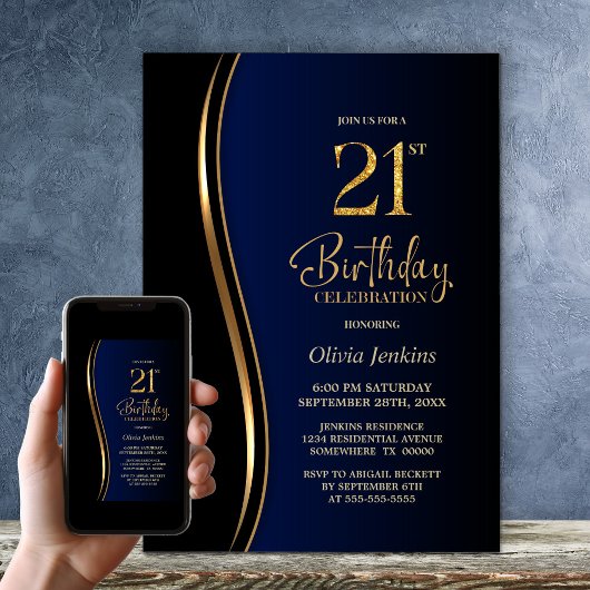 Invitation Black Gold Blue 21e fête d'anniversaire