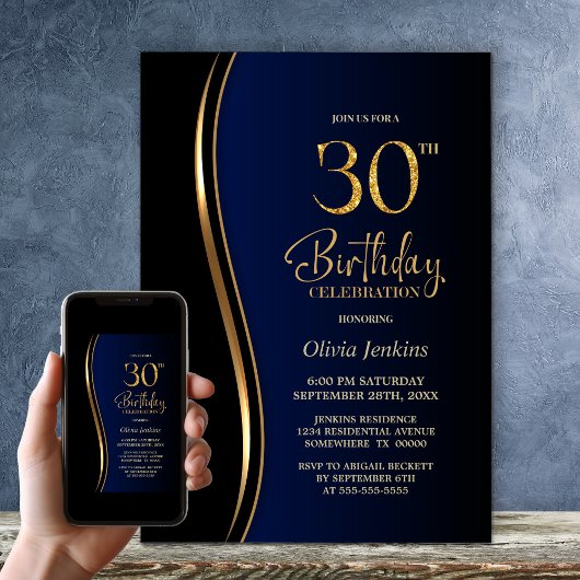 Invitation Black Gold Blue 30e fête d'anniversaire