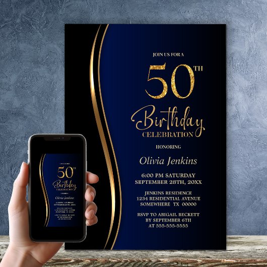 Invitation Black Gold Blue 50e fête d'anniversaire