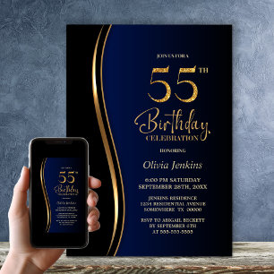 Invitation Black Gold Blue 55e fête d'anniversaire