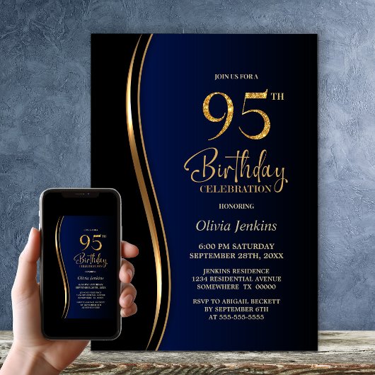 Invitation Black Gold Blue 95e anniversaire fête