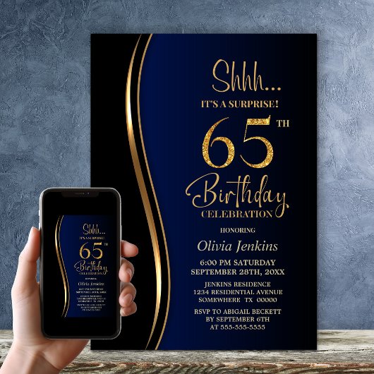 Invitation Black Gold Blue Surprise 65e anniversaire