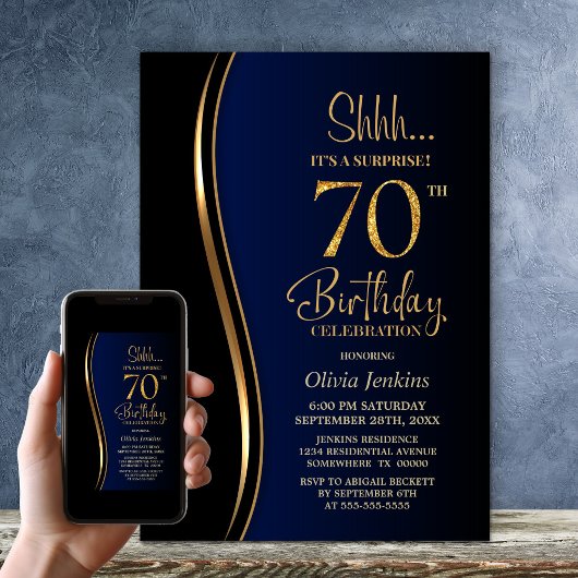 Invitation Black Gold Blue Surprise 70e anniversaire