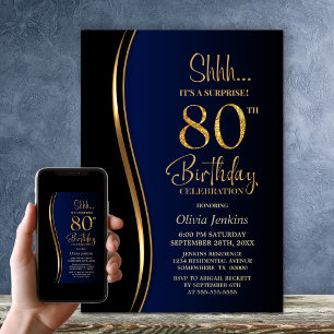 Invitation Black Gold Blue Surprise 80e anniversaire