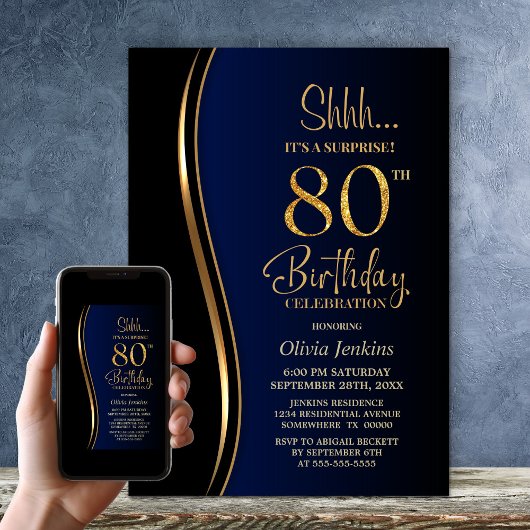 Invitation Black Gold Blue Surprise 80e anniversaire