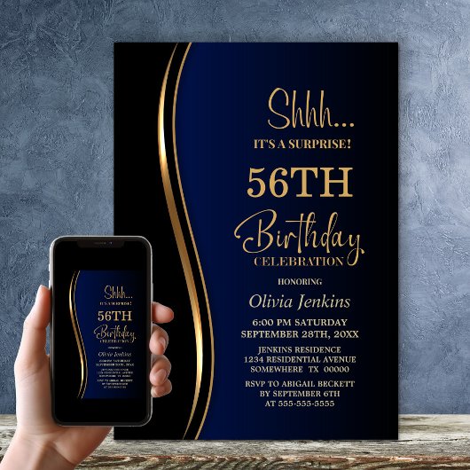 Invitation Black Gold Blue Surprise fête d'anniversaire