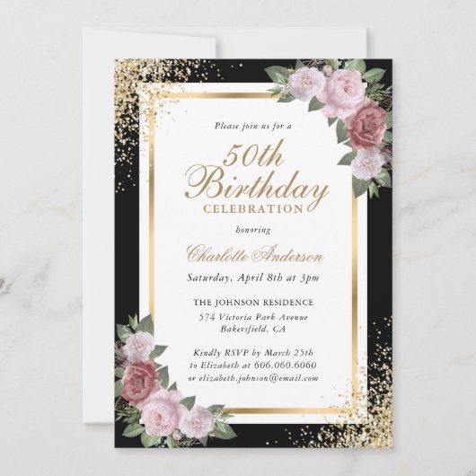 Invitation Black Gold Blush rose Floral 50e anniversaire (Devant)