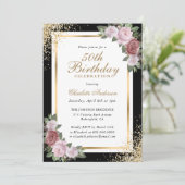 Invitation Black Gold Blush rose Floral 50e anniversaire (Debout devant)