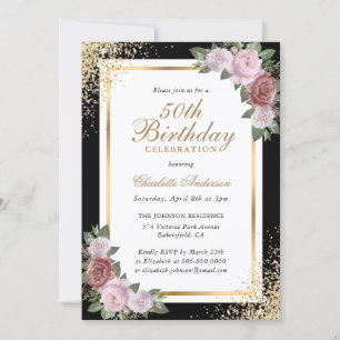 Invitation Black Gold Blush rose Floral 50e anniversaire