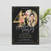 Invitation Black Gold Boho Floral 40e fête d'anniversaire (Debout devant)