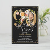 Invitation Black Gold Boho Photo personnalisée Floral 90e ann (Debout devant)