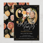 Invitation Black Gold Boho Photo personnalisée Floral 90e ann (Devant / Derrière)