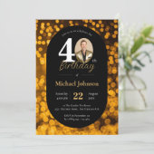 Invitation Black Gold Bokeh Photo 40th Birthday (Debout devant)