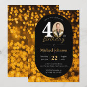 Invitation Black Gold Bokeh Photo 40th Birthday (Devant / Derrière)