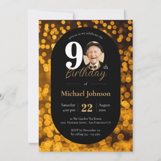 Invitation Black Gold Bokeh Photo 90th Birthday (Devant)