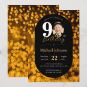 Invitation Black Gold Bokeh Photo 90th Birthday (Devant / Derrière)